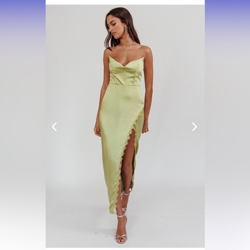 WINTER MOON STRAPLESS LACE TRIM MIDI DRESS - SAGE GREEN, MEDIUM